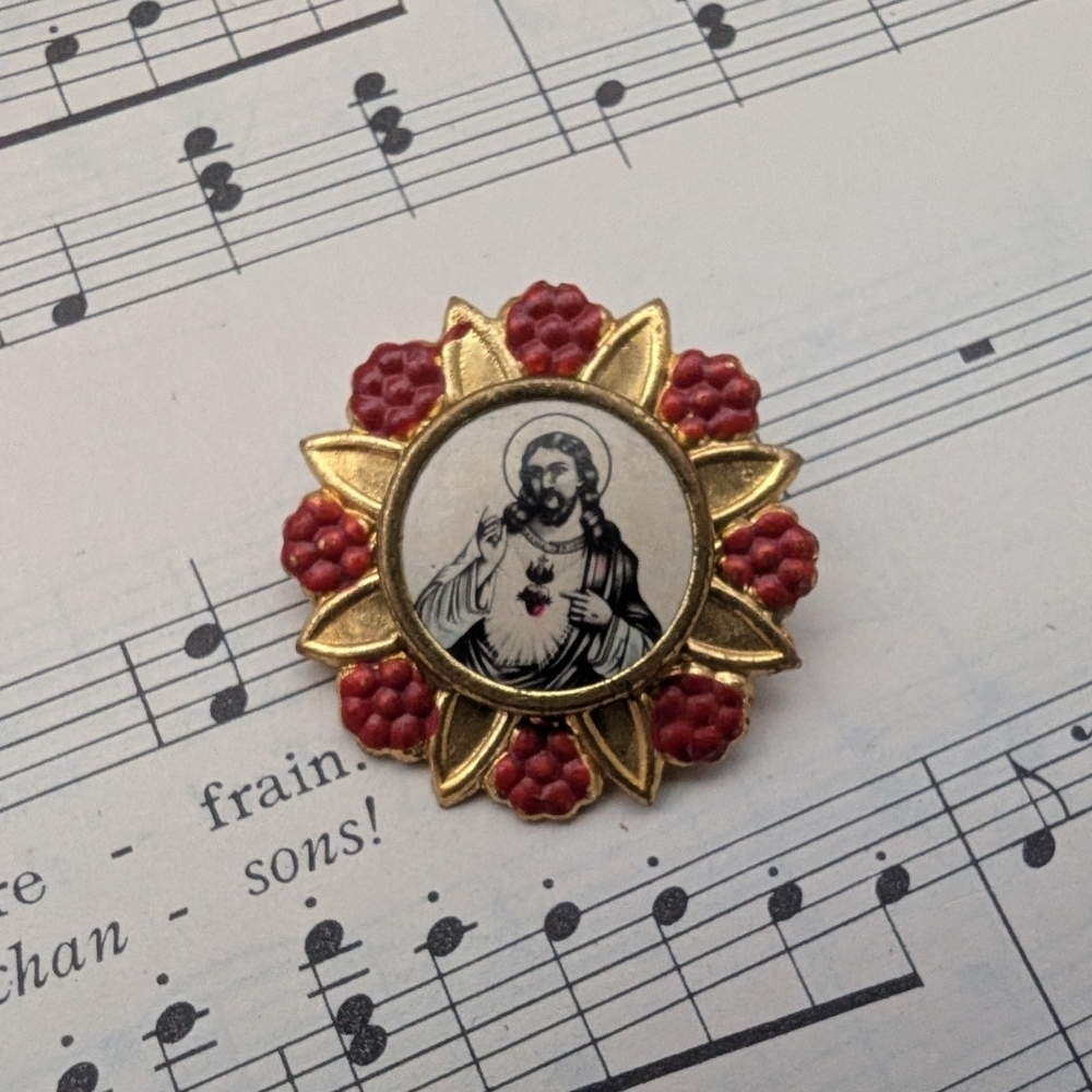 Vintage Religious Brooch with Red and Gold Accents